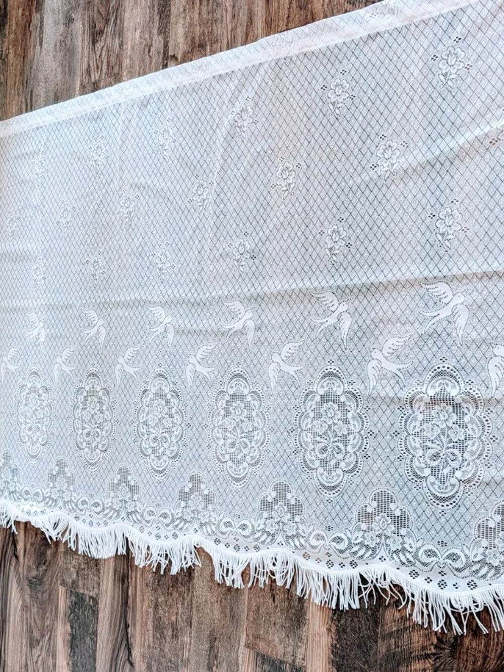 VTG Filet Crochet Lace Curtain Panel Valance White Dove Floral Fringe 176x46 BIG